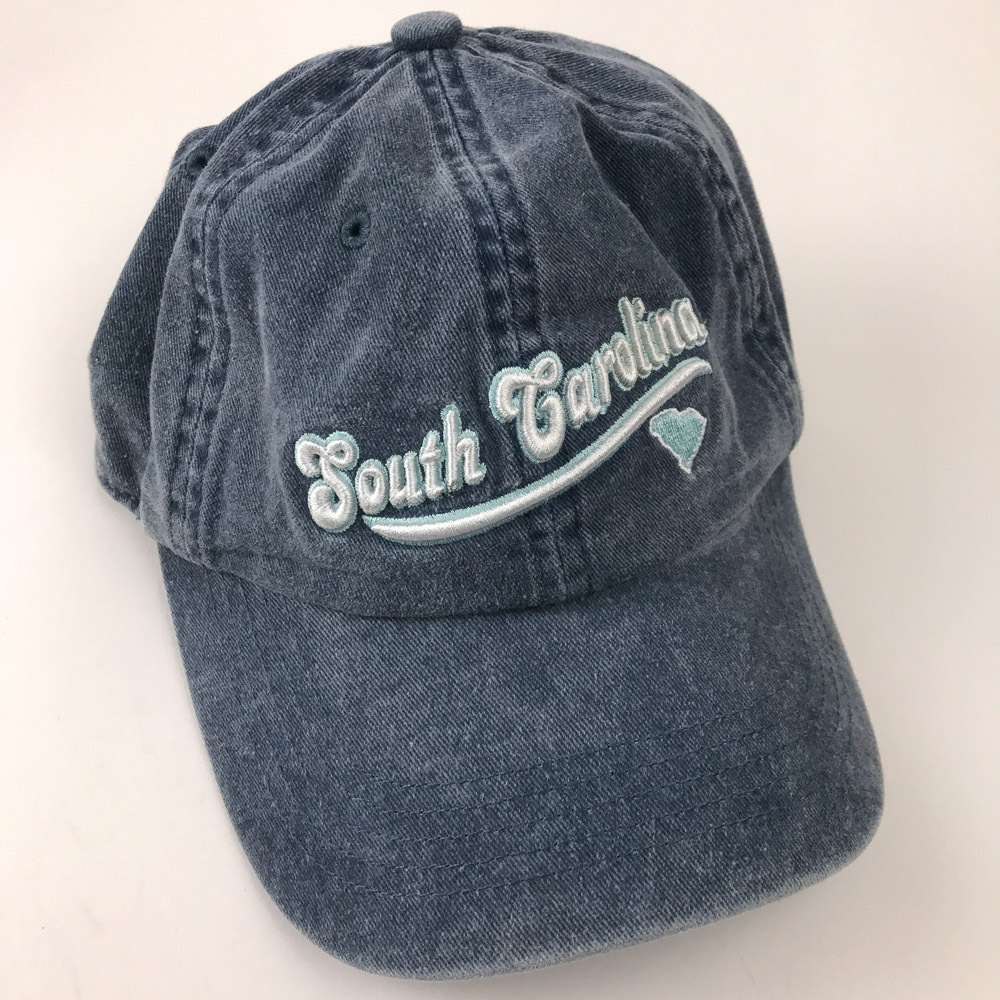 South Carolina teal white lettering state outline on blue jean light denim